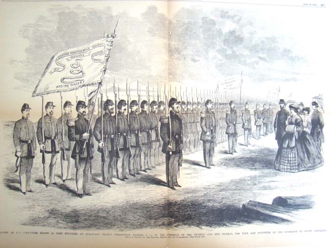 A Civil War copy of Frank Leslie's Illustrated Newspaper dated Feb.23, 1861 featuring a review of the Volunteer troops at Ft. Moultrie, Charleston, S.C.